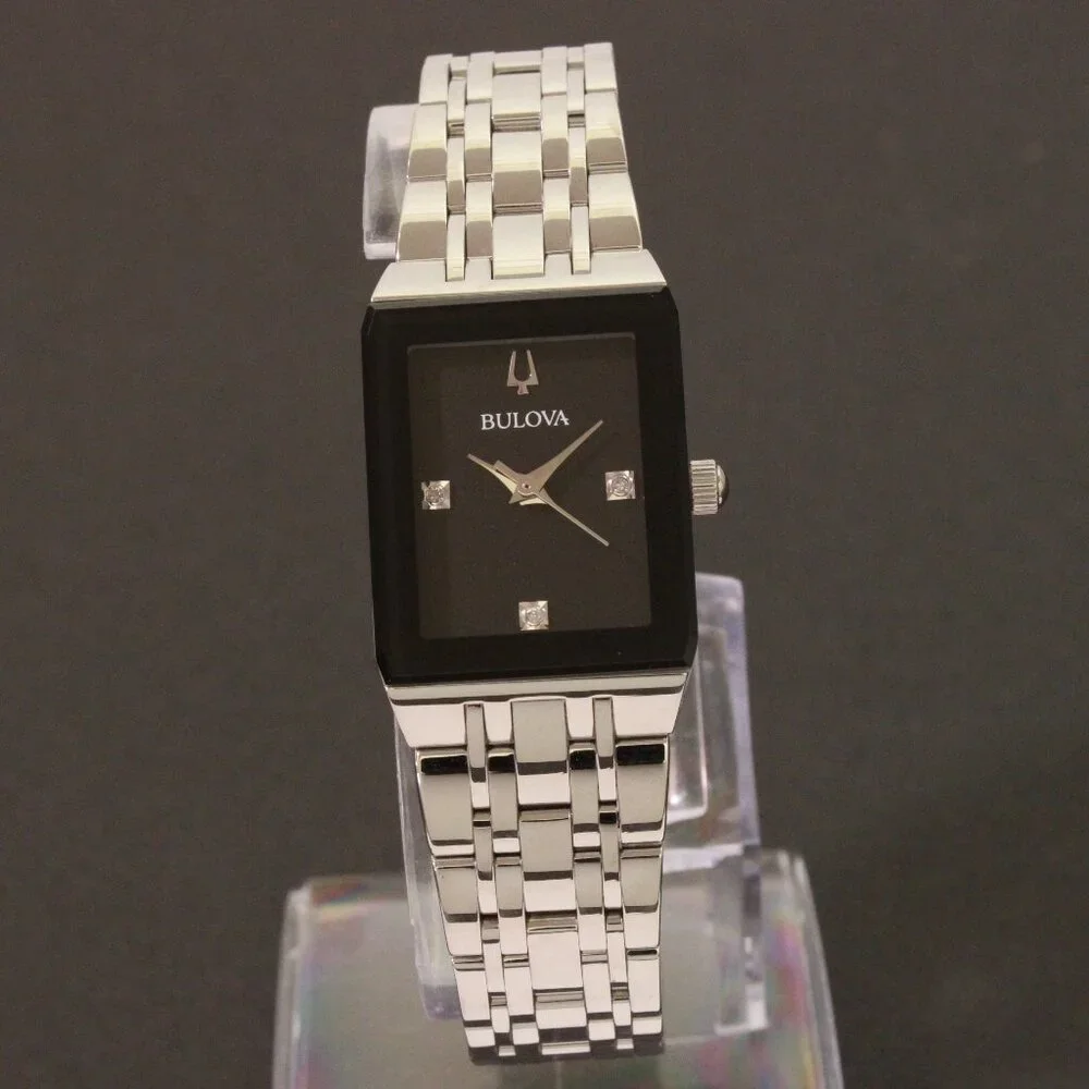 Bulova Ladies Quadra Watch Diamond Indices Black Dial Stainless 20mm